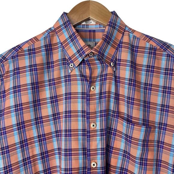 Peter Millar Mens Large Button Down Dress Shirt Plaid Orange Blue White - Picture 1 of 10